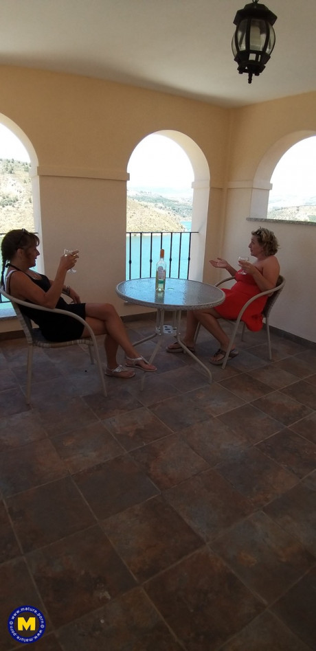 Curvaceous old lesbians Camilla C & Pandora drinking wine on vacation - #889021