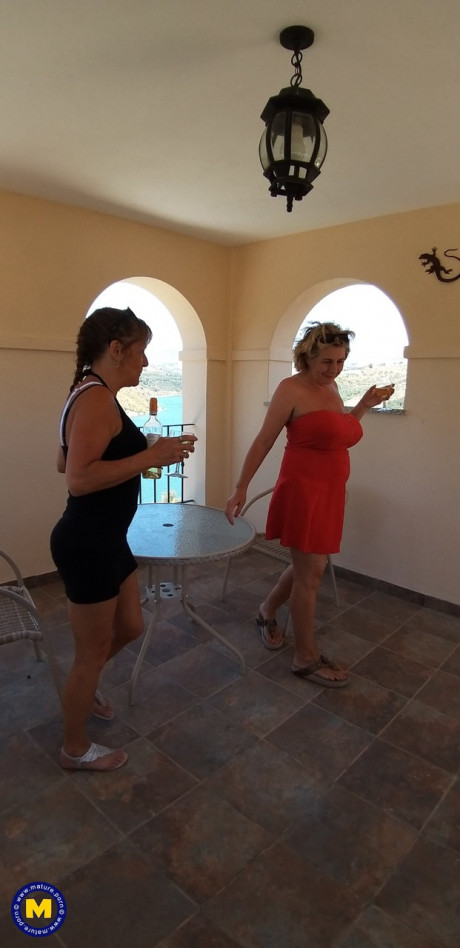 Curvaceous old lesbians Camilla C & Pandora drinking wine on vacation - #889024