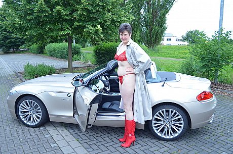 Old brunette HotMilf gets out of a convertible in a red bikini and boots - Image 4 of 16  in Outdoor category   featuring HotMilf 