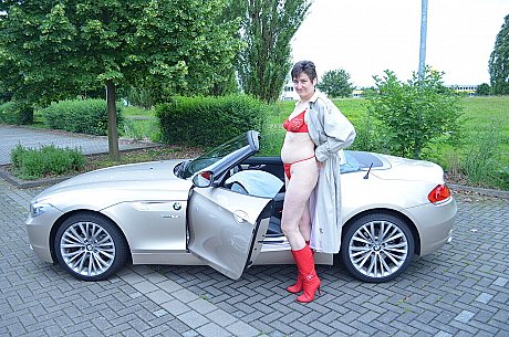 Old brunette HotMilf gets out of a convertible in a red bikini and boots - Image 5 of 16  in Outdoor category   featuring HotMilf 