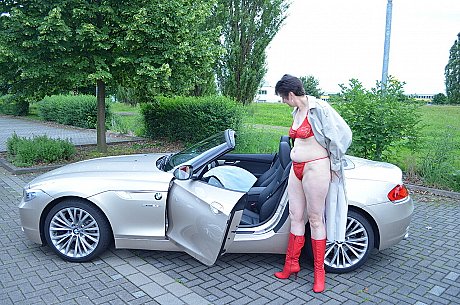 Old brunette HotMilf gets out of a convertible in a red bikini and boots - Image 6 of 16  in Outdoor category   featuring HotMilf 