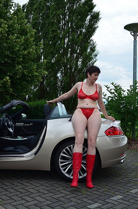 Old brunette HotMilf gets out of a convertible in a red bikini and boots - Image 15 of 16  in Outdoor category   featuring HotMilf 