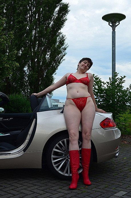 Old brunette HotMilf gets out of a convertible in a red bikini and boots - Image 16 of 16  in Outdoor category   featuring HotMilf 