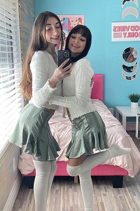 Thin teens in short skirts Aria and Tori undress and masturbate on a bed - Image 19 of 20  in Model category   featuring Tori, Aria Valencia 