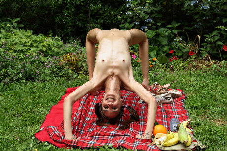 Slender hottie with pigtails Natalia Nix undresses & masturbates at a picnic