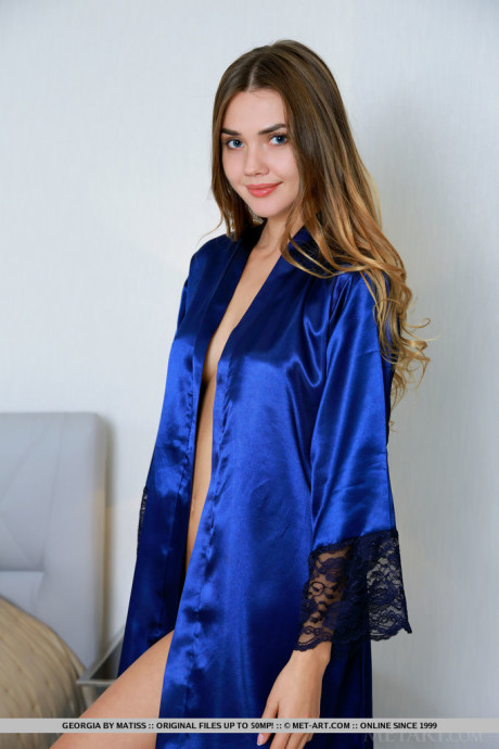 Beautiful teen Georgia slips off her satin robe for great undressed poses - #15529