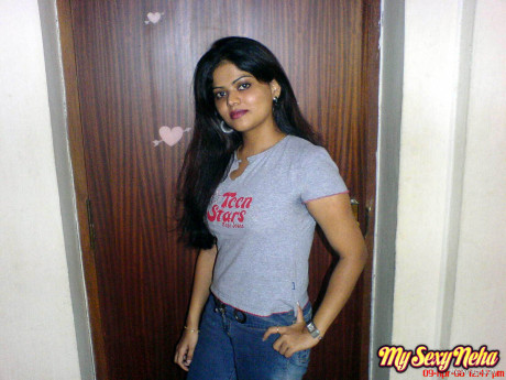 Skinny Indian chick girl girl uncups giant naturals after removing blue jeans - #636453