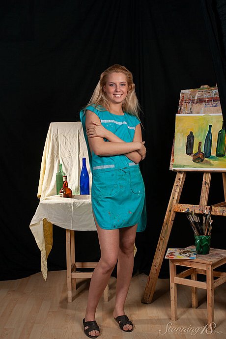 18 year cougar blondy Agnes H gets nude after finishing a painting - Image 2 of 16  in Model category   featuring Agnes H 