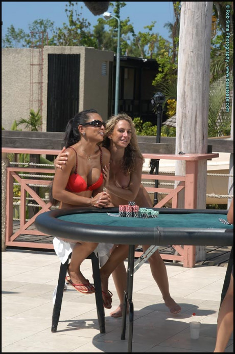 Lesbian bitches go for a petite dip after a game of strip poker by a pool - #812626