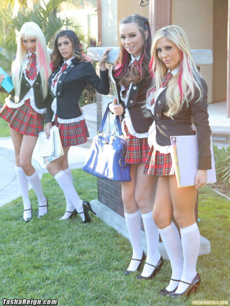 Busty yellow-haired schoolgirl Tasha Reign and her friends strip and pose together - #290512