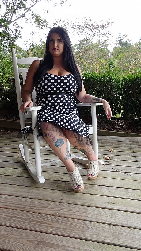 Dark haired chubby model Mischievous Kitty flashes her lingerie in a solo - Image 9 of 15  in Outdoor category   featuring Mischievous Kitty 