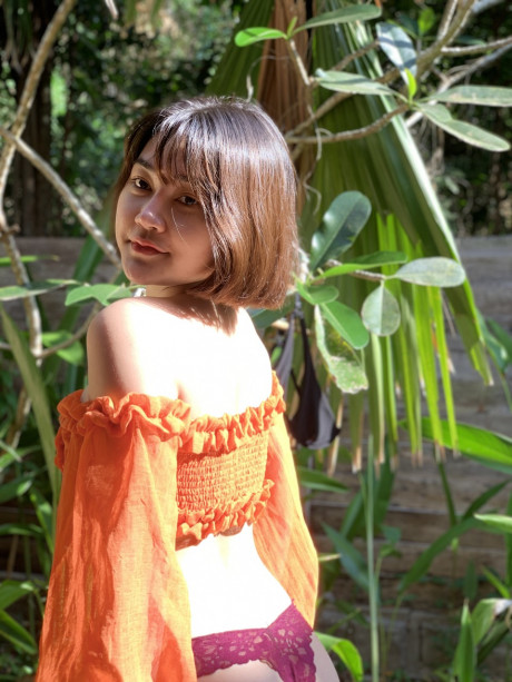 Oriental babe Lotus Huahang goes bare-breasted while teasing in lovely panties outdoors - #1421750
