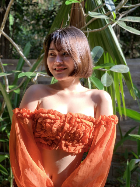 Oriental babe Lotus Huahang goes bare-breasted while teasing in lovely panties outdoors #76958