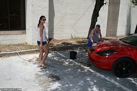 Sleazy teen teases with her tiny tits & gives a hung carwash dude a handjob - Image 4 of 21  in Outdoor category   featuring Clint Hunter 