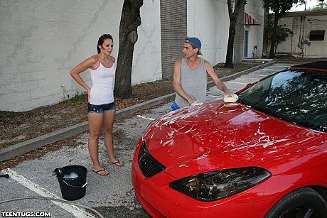 Sleazy teen teases with her tiny tits & gives a hung carwash dude a handjob - Image 6 of 21  in Outdoor category   featuring Clint Hunter 