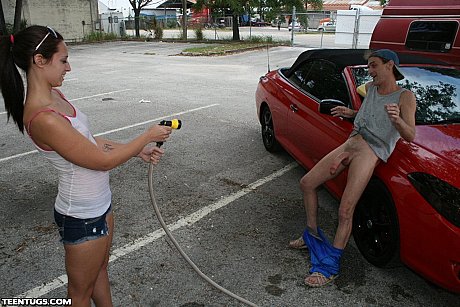 Sleazy teen teases with her tiny tits & gives a hung carwash dude a handjob - Image 20 of 21  in Outdoor category   featuring Clint Hunter 