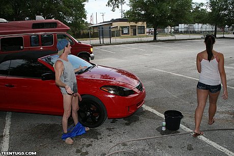 Sleazy teen teases with her tiny tits & gives a hung carwash dude a handjob - Image 21 of 21  in Outdoor category   featuring Clint Hunter 