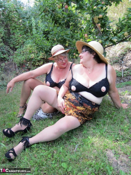 Mature grandma Girdle Goddess & her aged gal pal showing booty & nipples outdoors - #912376