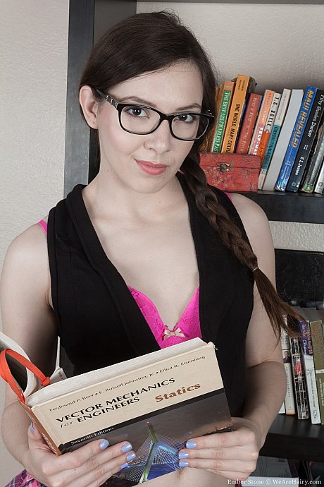 Attractive babe with glasses Ember Stone gets nude and shows her furry twat - Image 1 of 17  in Masturbation category   featuring Ember Stone 